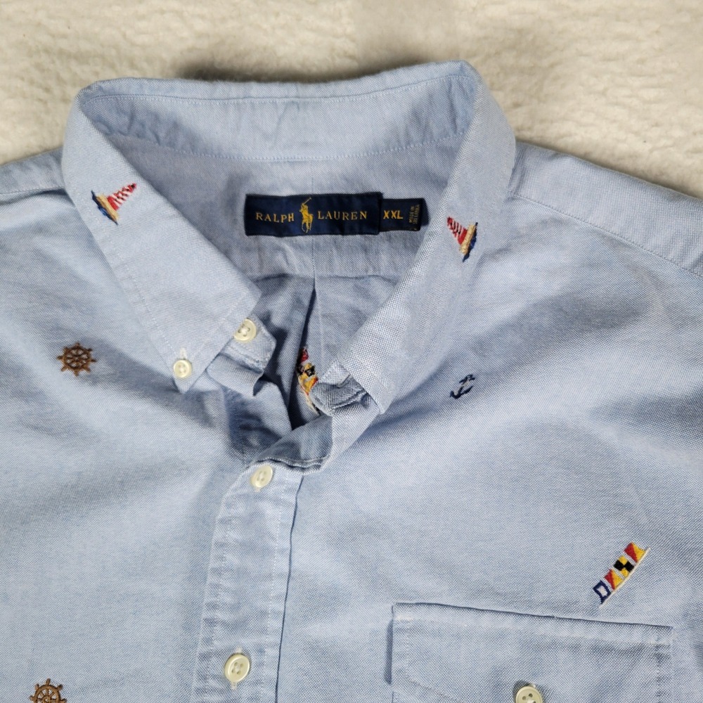 Ralph Lauren Button Down Mens XXL Light Blue Nautical Embroidered Short Sleeve